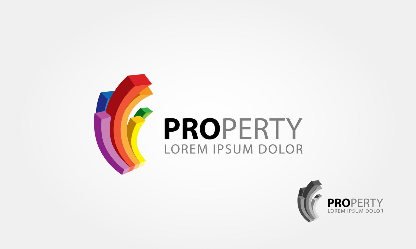 modello di logo vettoriale di proprietà. La barra della curva di colore astratta 3d simboleggia un edificio o una proprietà. illustrazione multicolore di logo vettoriale.