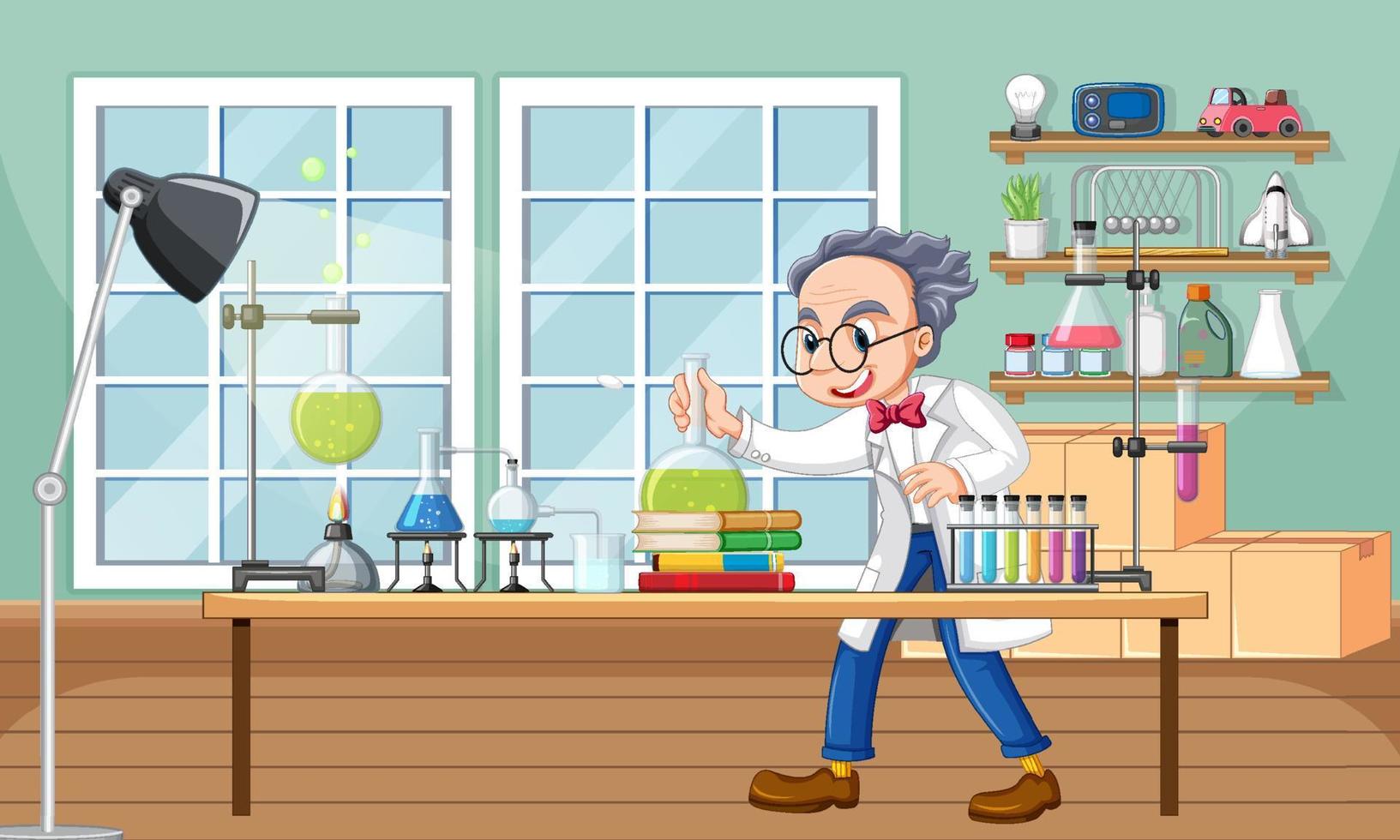scena di laboratorio con il personaggio dei cartoni animati dello scienziato vettore