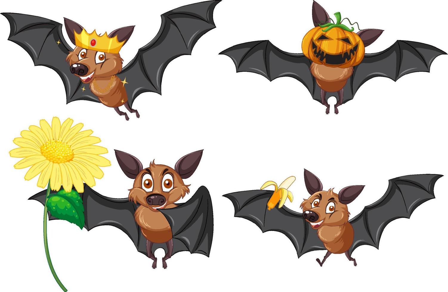 set di diversi simpatici pipistrelli in stile cartone animato vettore