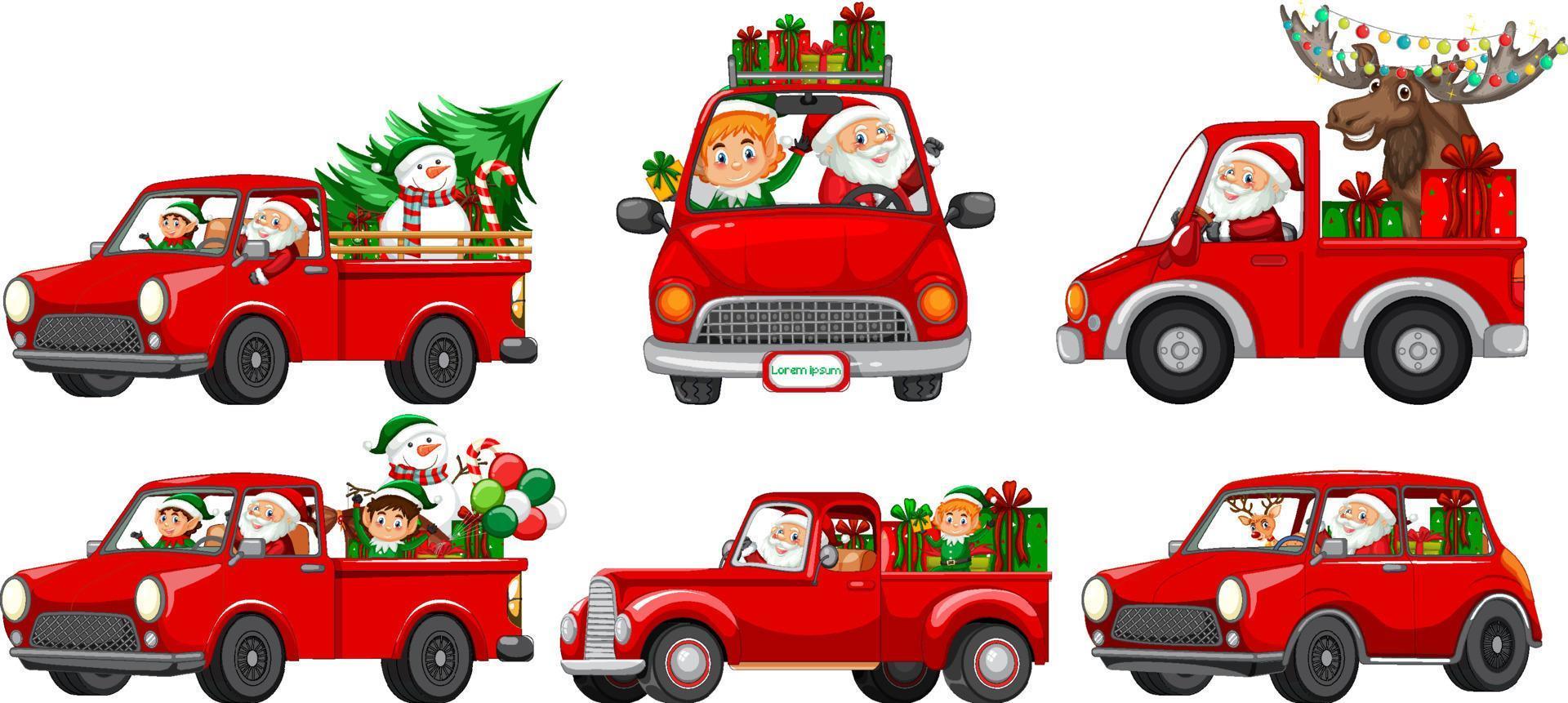 set di diverse auto natalizie e personaggi di babbo natale vettore