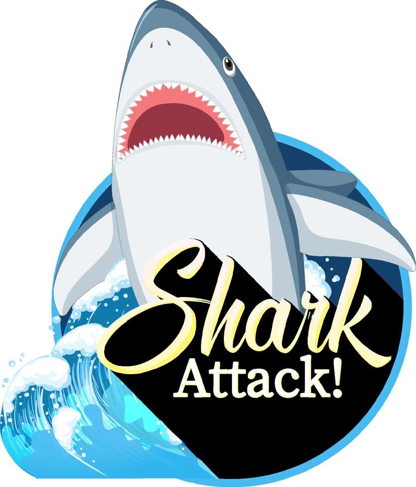 un logo marino con un grande squalo blu e un testo di attacco di squalo vettore