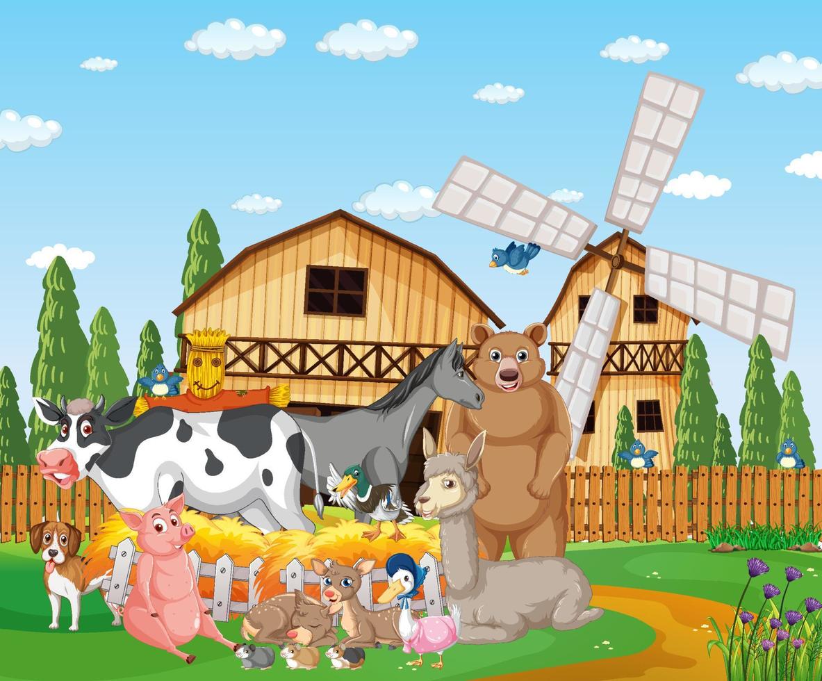scena della fattoria con molti animali vicino alla stalla vettore