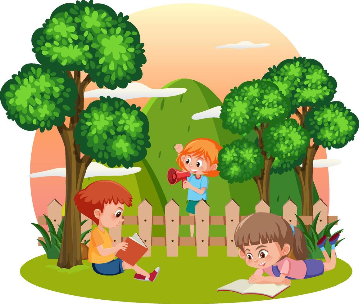 un gruppo di bambini che fanno attività in giardino vettore