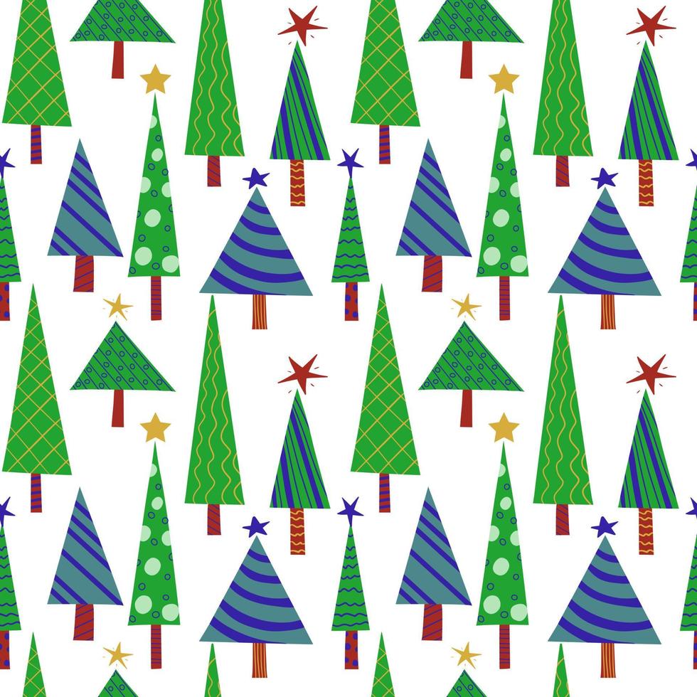modello di capodanno senza cuciture di alberi di Natale decorati stilizzati verdi vettore