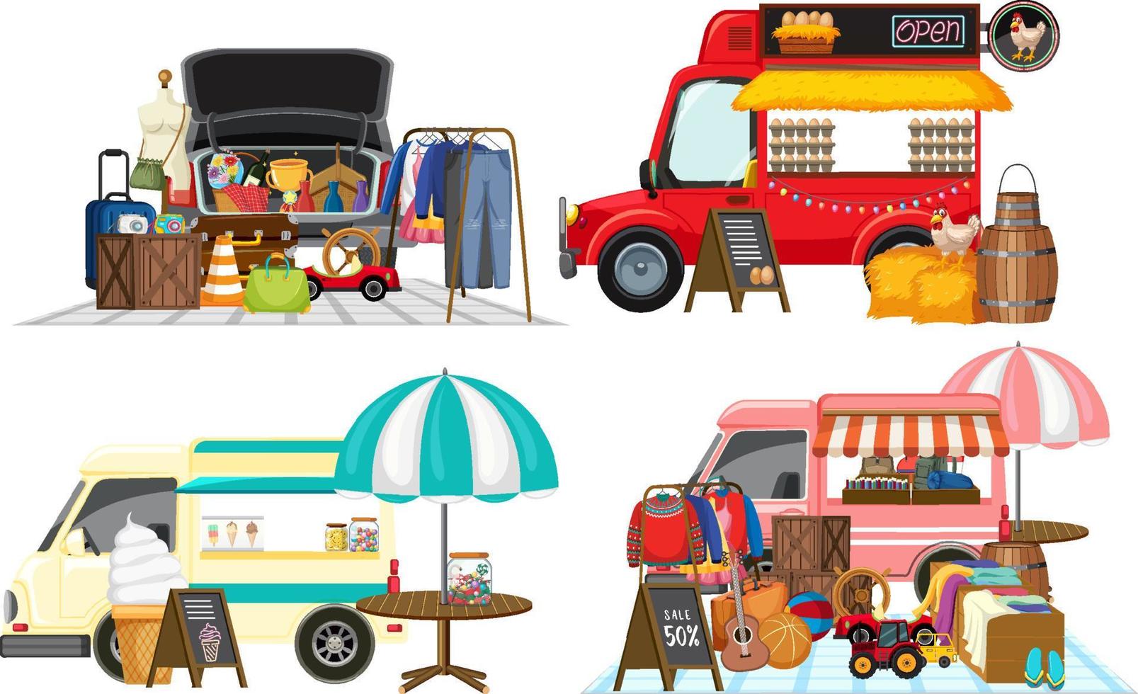 concetto di mercato delle pulci con set di diverse vendite di bagagli per auto vettore