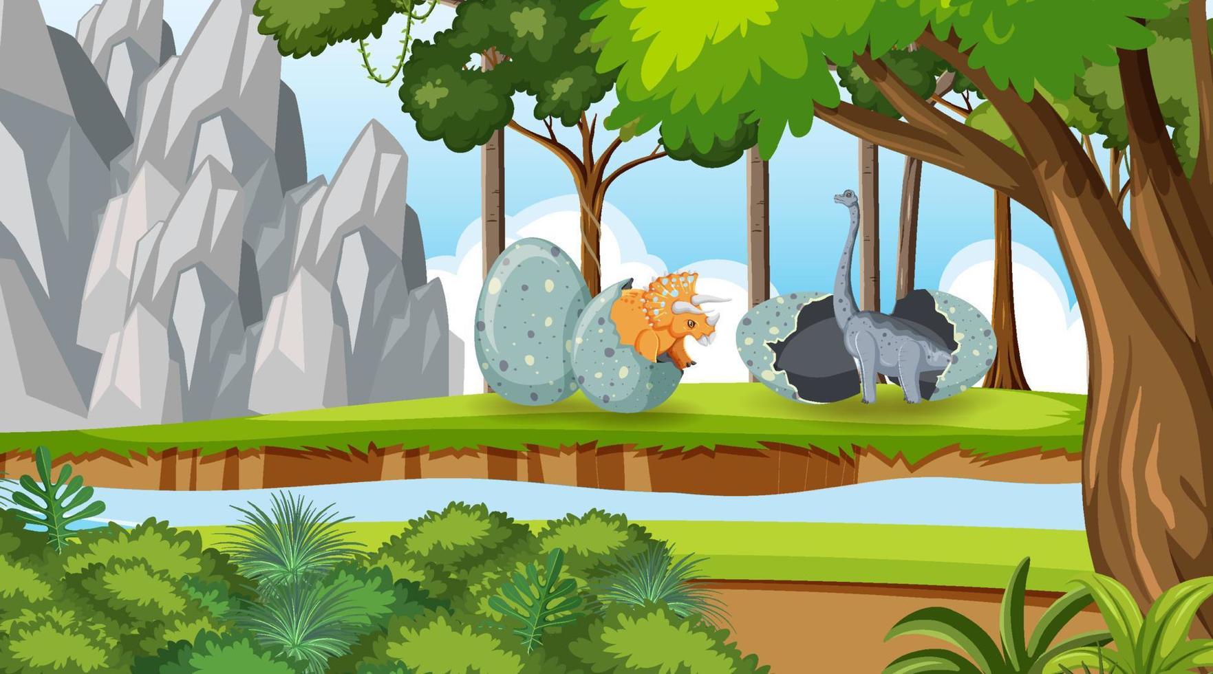 scena della natura con alberi sulle montagne con dinosauro vettore