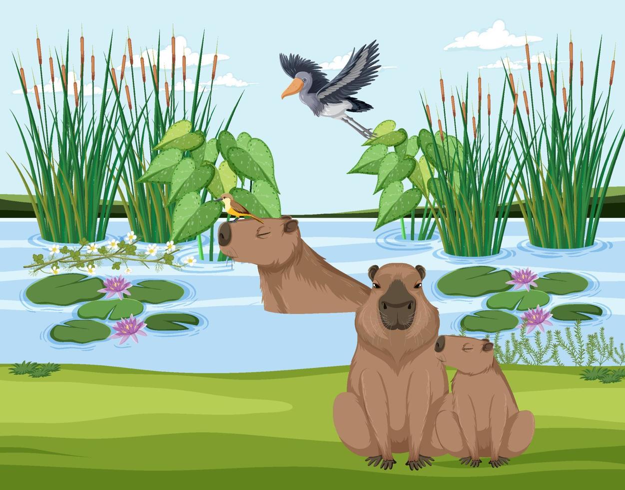 capibara che vive nello stagno naturale vettore