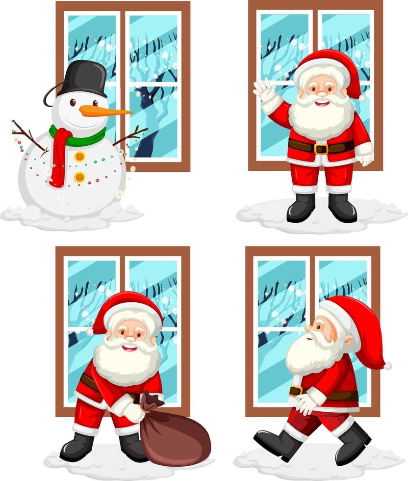 set di pupazzo di neve e Babbo Natale vicino alla finestra vettore