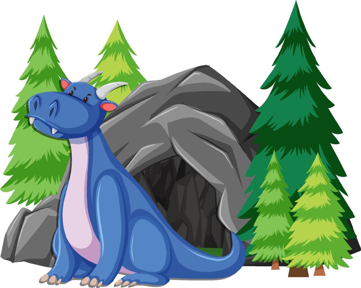 drago blu seduto di fronte alla grande grotta vettore