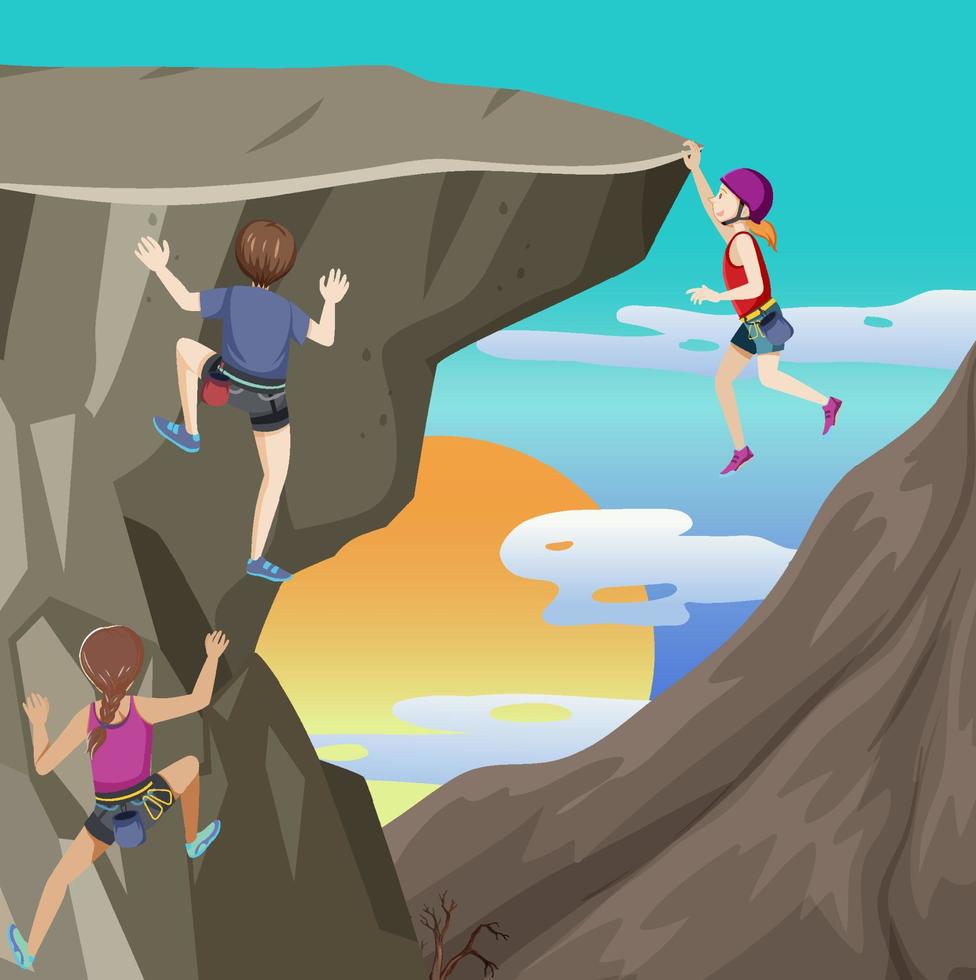 scena con persone che si arrampicano su una montagna rocciosa vettore