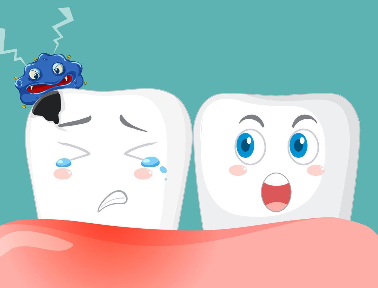 i denti dei cartoni animati carieno con i batteri su sfondo blu vettore