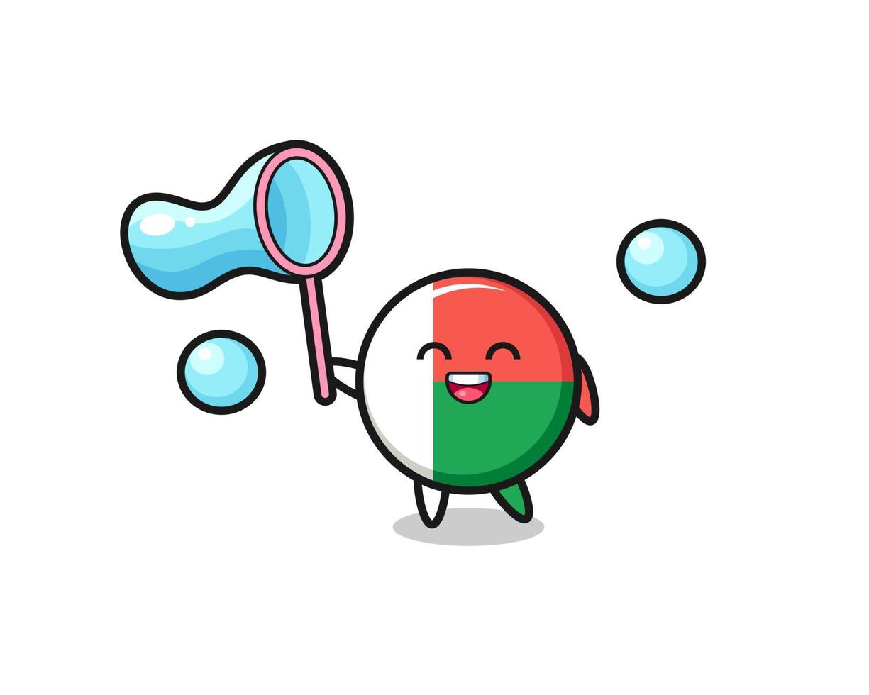 cartone animato felice della bandiera del madagascar che gioca a bolla di sapone vettore