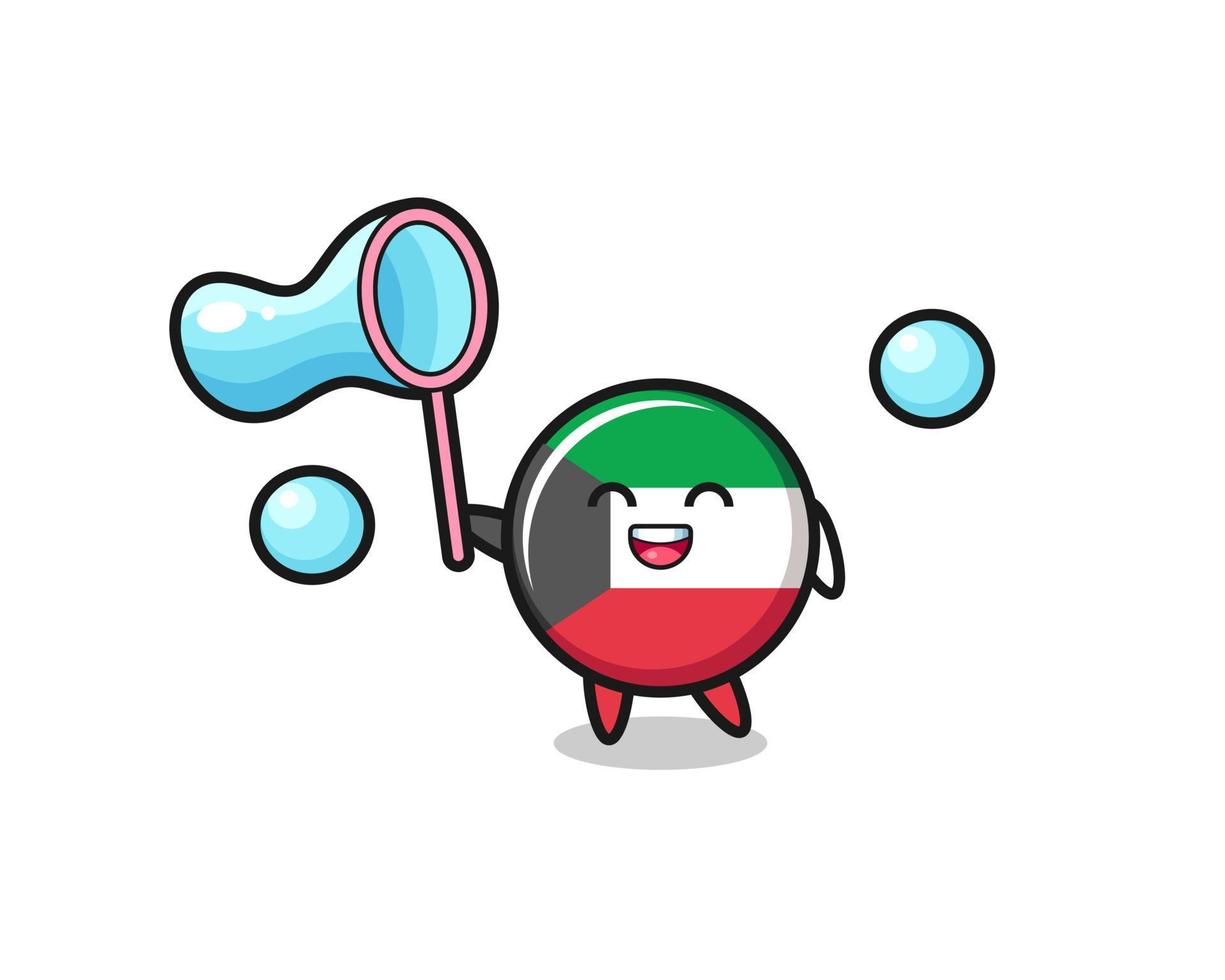 cartone animato felice bandiera kuwait che gioca a bolla di sapone vettore