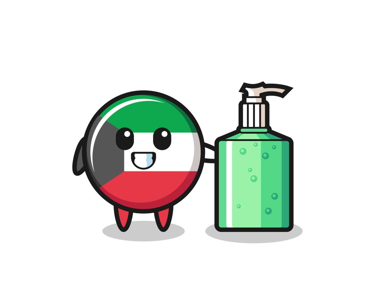 simpatico cartone animato bandiera kuwait con disinfettante per le mani vettore