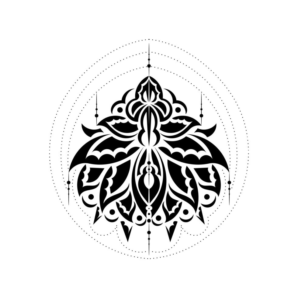 tatuaggio fiore di loto, yoga o elemento decorativo zen in stile boho. forme di loto o ninfea, elementi grafici in nero su sfondo bianco, decorazioni moderne indiane. vettore