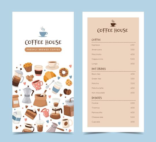 Modello di menu del caffè con diversi elementi di caffè vettore