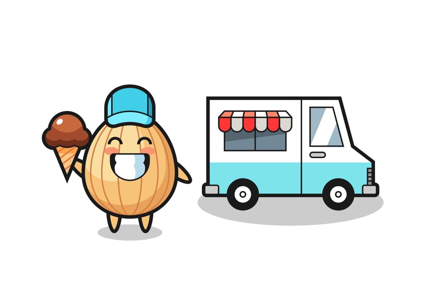 cartone animato mascotte di mandorla con camion dei gelati vettore