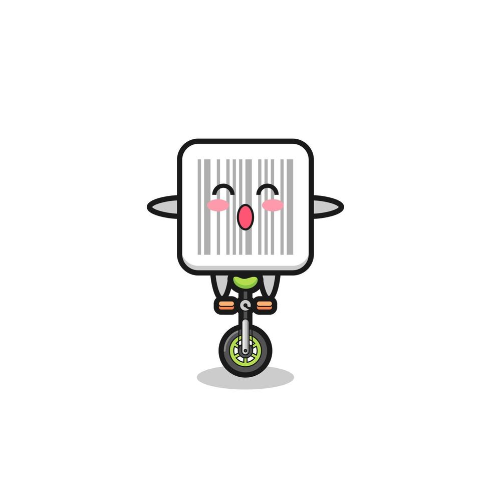 il simpatico personaggio del codice a barre sta guidando una bici da circo vettore