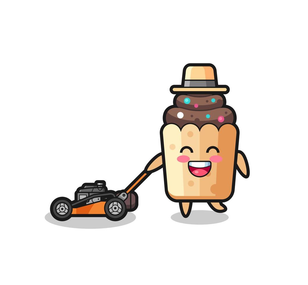 illustrazione del personaggio cupcake con tosaerba vettore
