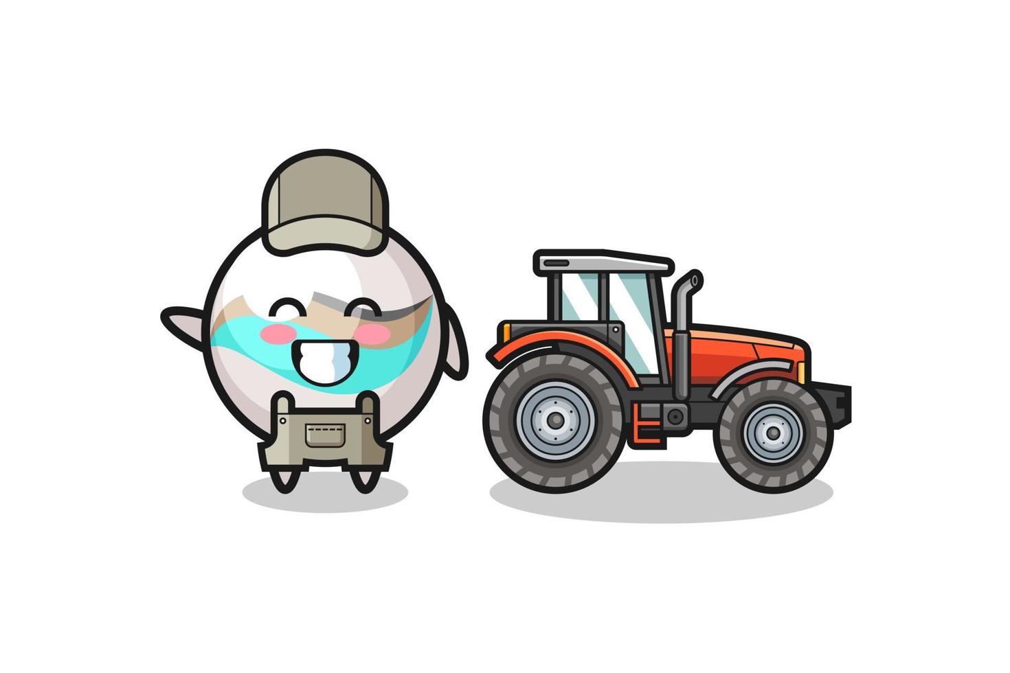 la mascotte dell'agricoltore giocattolo di marmo in piedi accanto a un trattore vettore