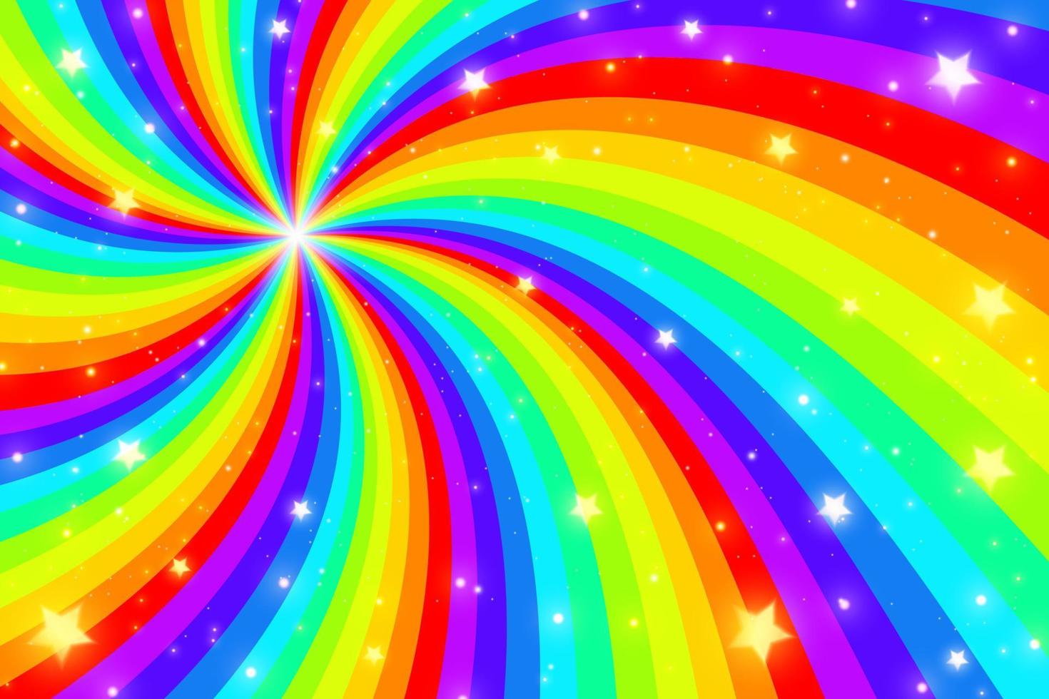 sfondo di turbinio arcobaleno con stelle. arcobaleno a gradiente radiale di spirale contorta. illustrazione vettoriale