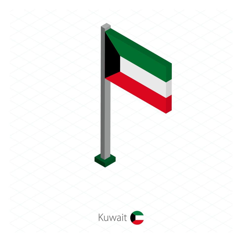 bandiera del Kuwait sull'asta della bandiera in dimensione isometrica. vettore