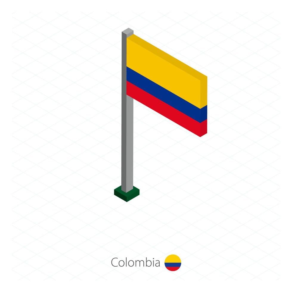 bandiera della Colombia sul pennone in dimensione isometrica. vettore