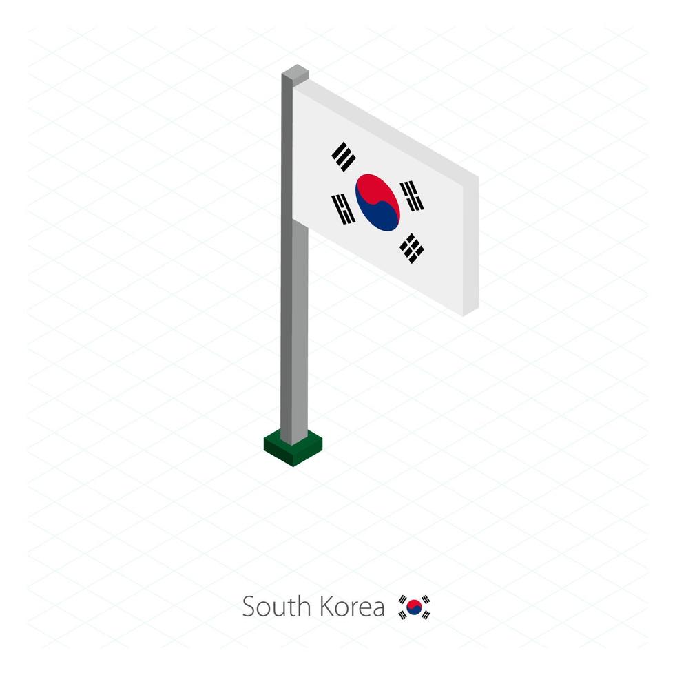 bandiera della corea del sud sul pennone in dimensione isometrica. vettore