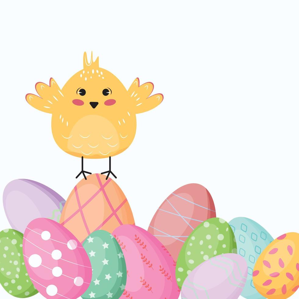 simpatico uccello seduto su uova dipinte. illustrazione di pasqua. vettore