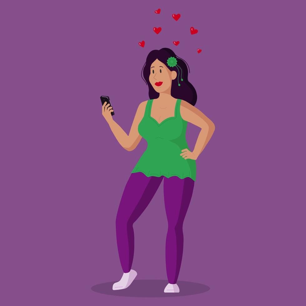 una ragazza innamorata invia un sms tramite il suo smartphone. illustrazione vettoriale sul tema dell'amore virtuale. disegno per un sito di incontri.