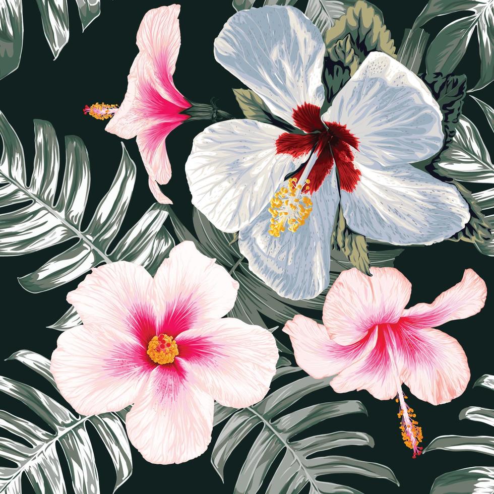 motivo floreale senza cuciture con fiori di ibisco rosa pastello bianco sfondo abatract.illustrazione vettoriale disegnata a mano.per il design della stampa di moda in tessuto o l'imballaggio del prodotto.