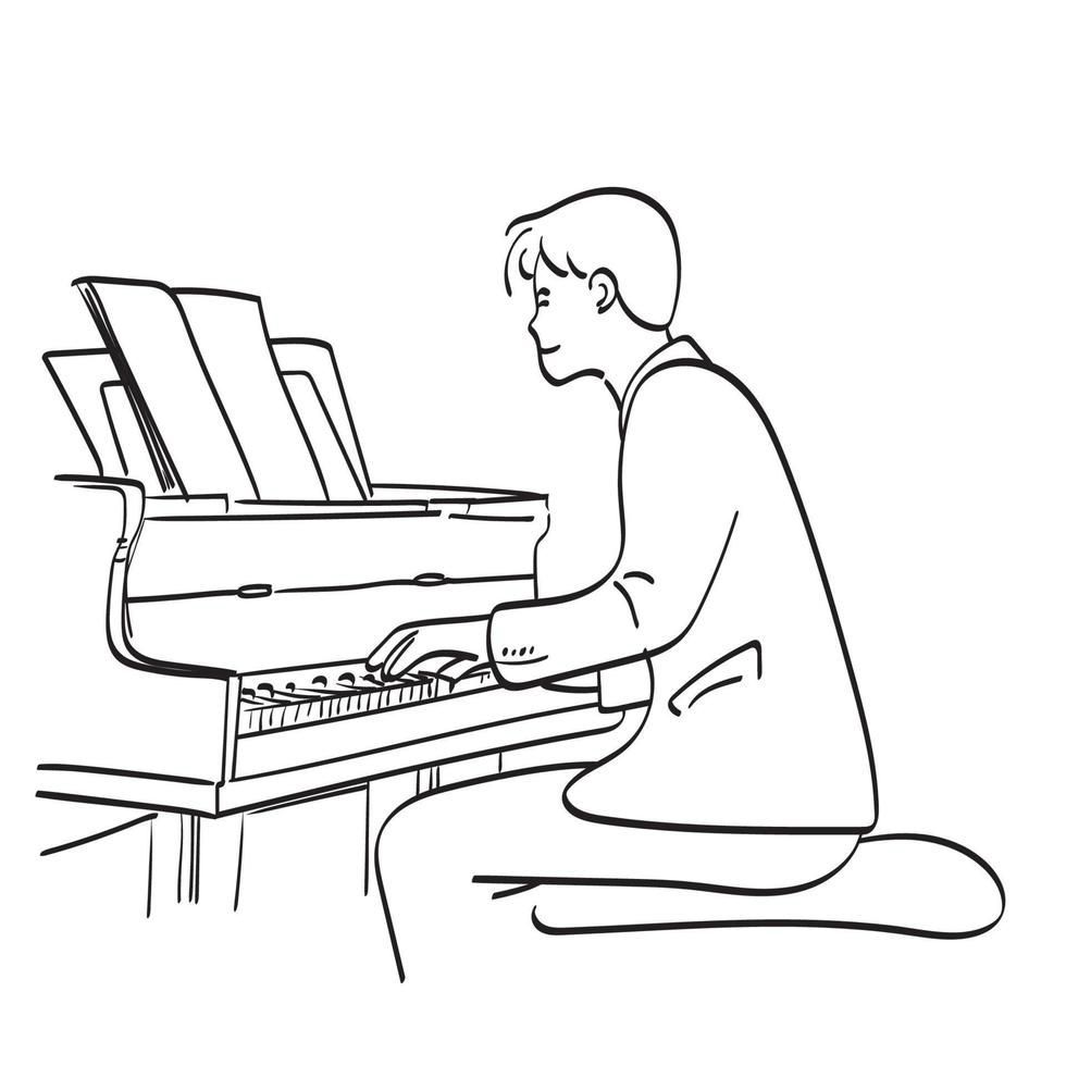 line art uomo che suona il pianoforte a coda illustrazione vettore disegnato a mano isolato su sfondo bianco.