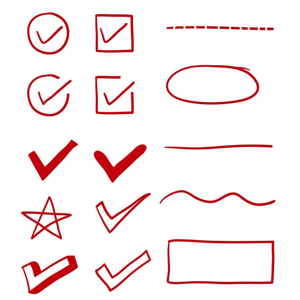 segno di spunta, sottolineatura e ovale disegnato a mano rosso con vettore di stile doodle