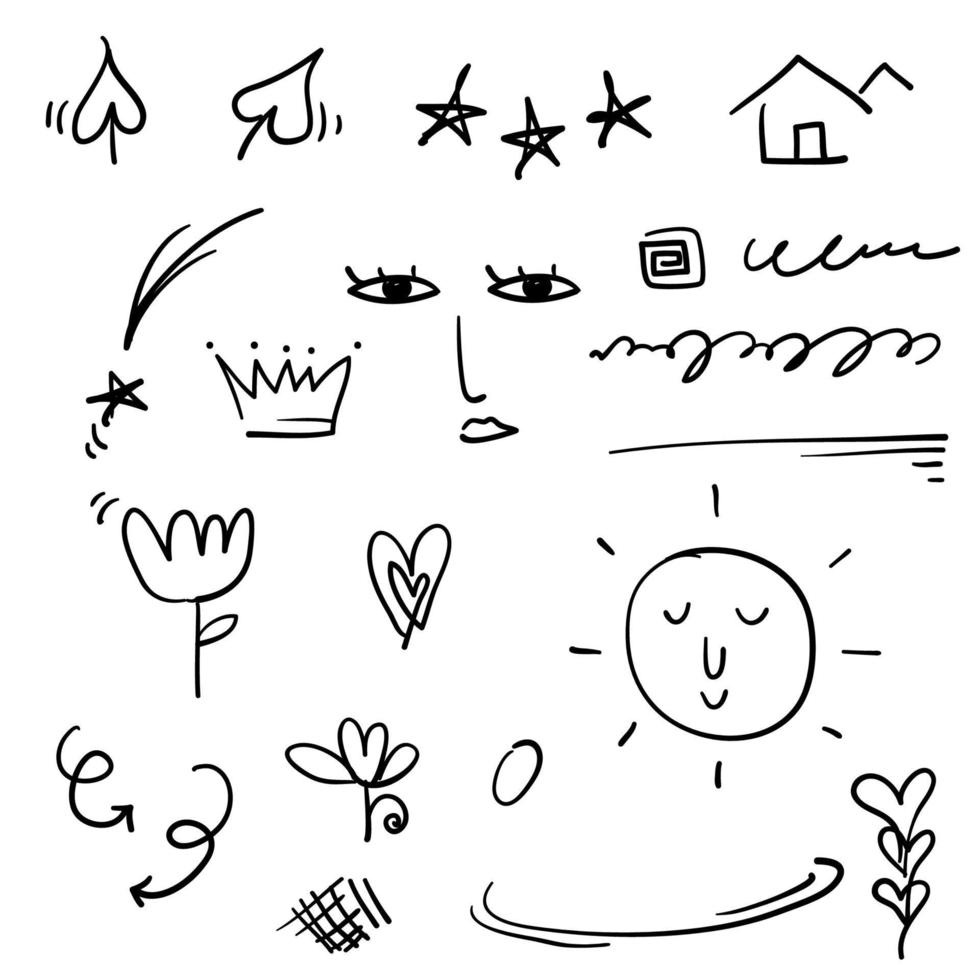 doodle elementi di enfasi, neri su sfondo bianco. simboli vettoriali e logo. freccia, cuore, amore, fatti a mano, fatti in casa, stella, foglia, sole, leggero, fiore, margherita, corona di graffiti, re, regina in stile cartone animato