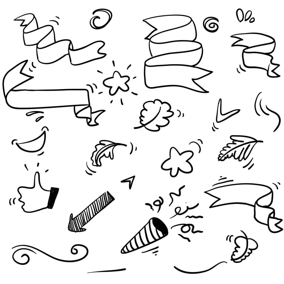 nastro doodle disegnato a mano, coriandoli, foglia, fruscii, picchi, enfasi, vortice, elemento con stile cartone animato vettore