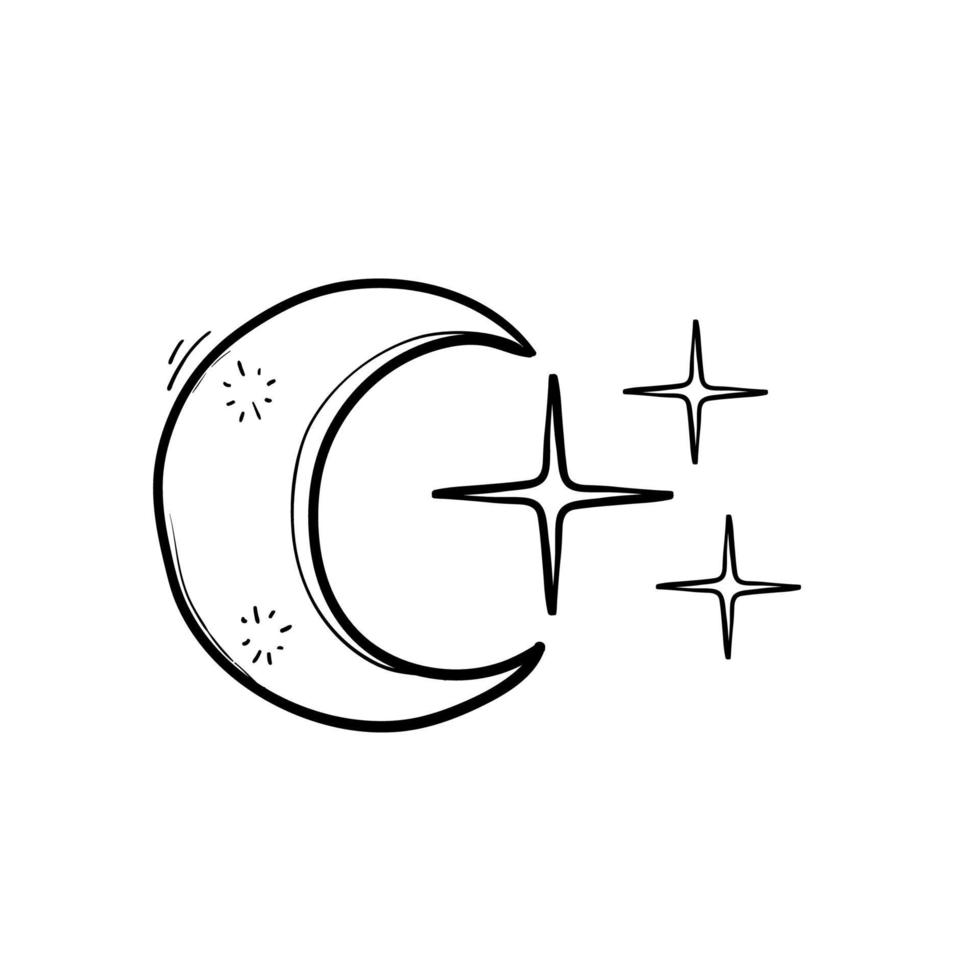 icona di vettore di luna e stelle isolata su sfondo con cartone animato in stile doodle disegnato a mano