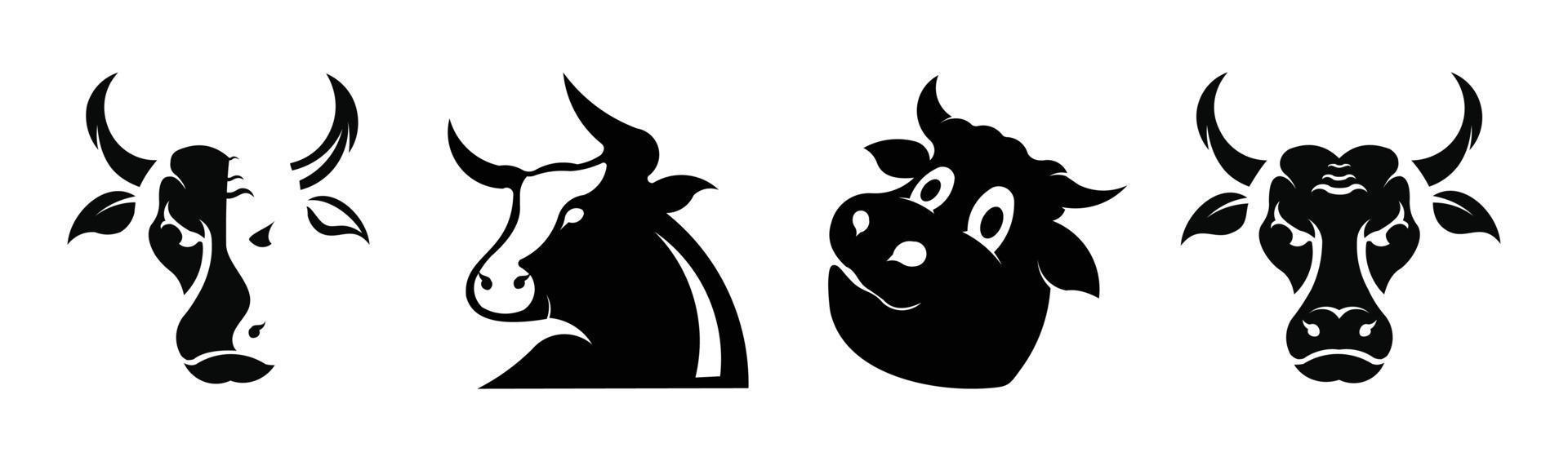 mucca set silhouette nera su sfondo bianco. silhouette di toro e mucca imposta icone di animali vettoriali