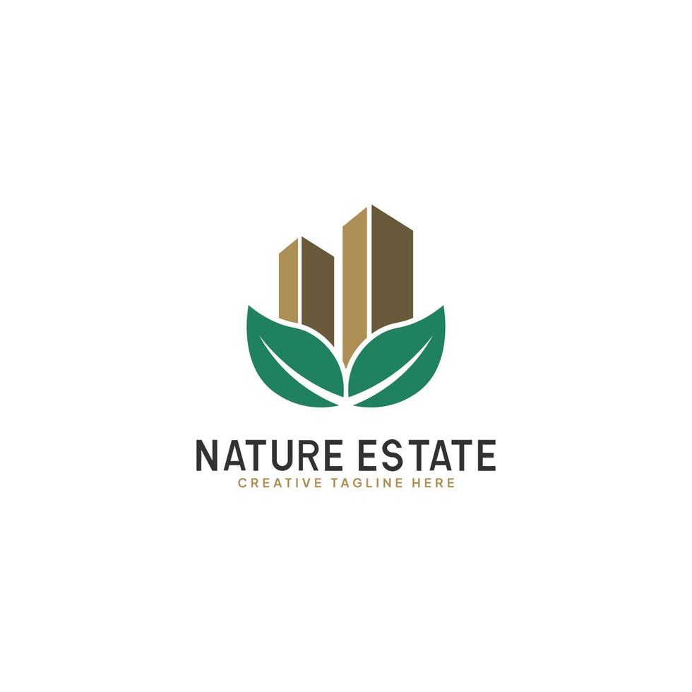 vettore logo immobiliare natura, modello logo foglia con edificio