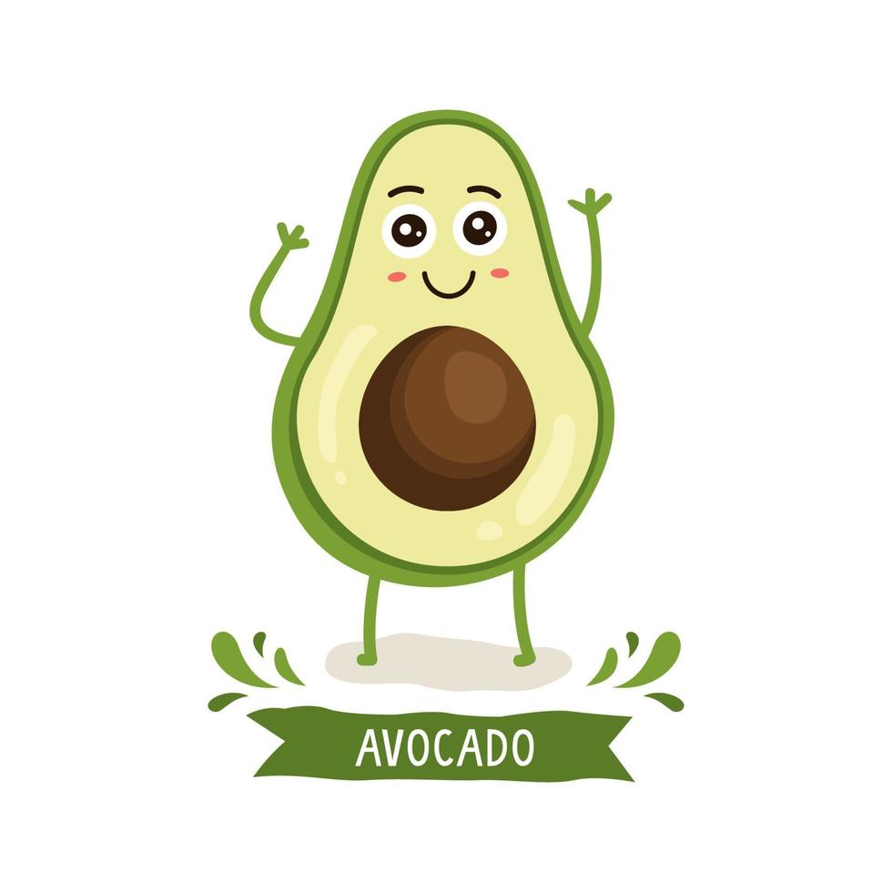 simpatico personaggio di avocado, illustrazione vettoriale di cartoni animati di avocado. simpatico personaggio vettoriale di frutta isolato su sfondo bianco