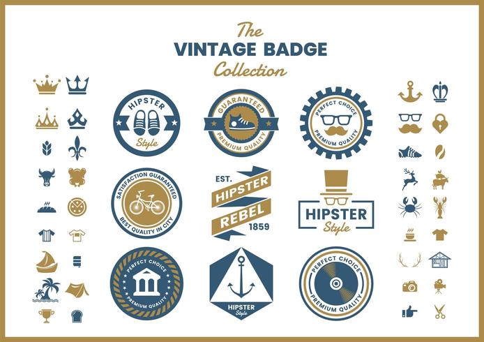 Set di badge rotondi vintage oro blu vettore