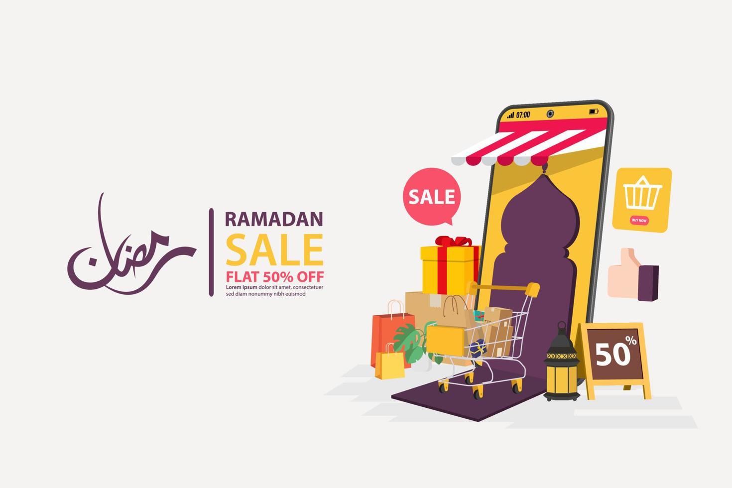 banner di vendita ramadan su dispositivi mobili online, sconto e migliore offerta tag, etichetta o adesivo impostato in occasione di ramadan kareem ed eid mubarak, illustrazione vettoriale
