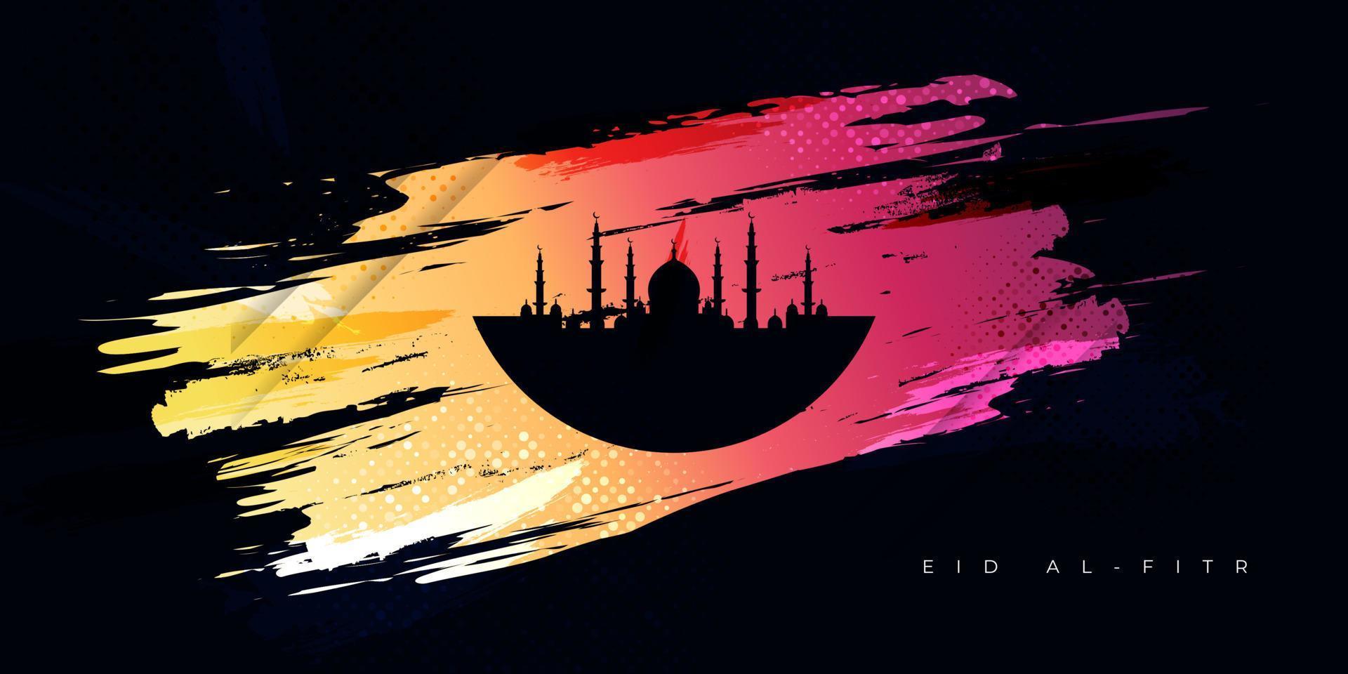 eid al fitr mubarak. sfondo islamico con moschea e stile pennello colorato. felice eid mubarak illustrazione per banner o poster vettore