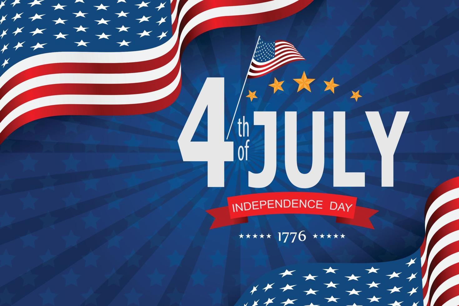 4 luglio illustrazione vettoriale banner. giorno dell'indipendenza, bandiera americana con il 4 luglio su sfondo blu.