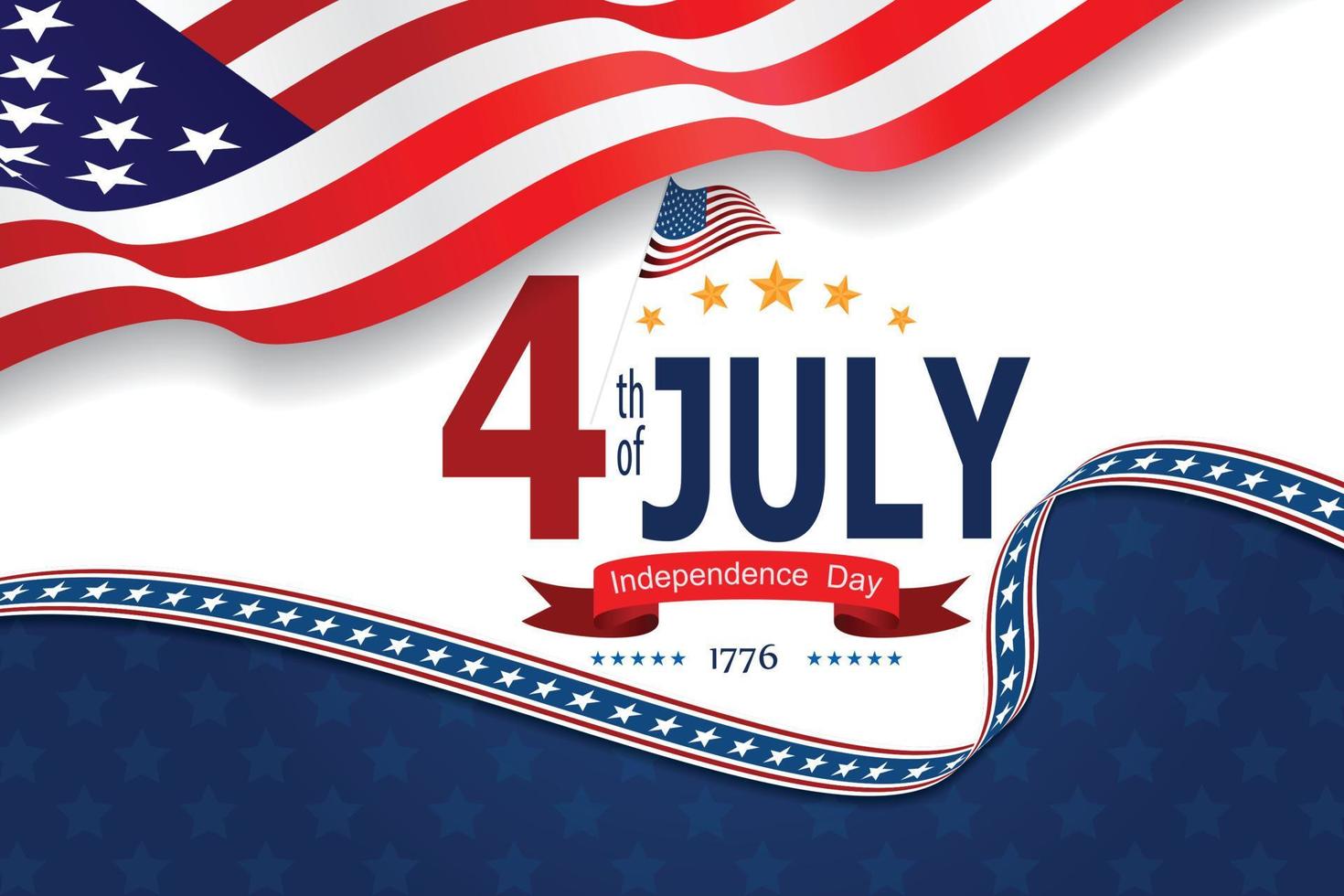 stati uniti d'america felice giorno dell'indipendenza biglietto di auguri, banner, illustrazione vettoriale orizzontale. vacanza negli Stati Uniti 4 luglio elemento di design con bandiera americana con curva