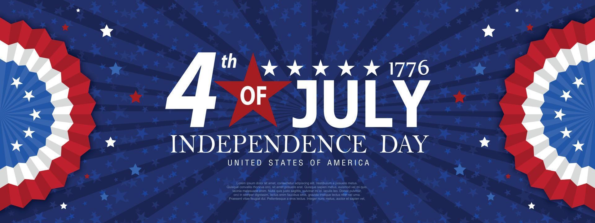 stati uniti d'america felice giorno dell'indipendenza biglietto di auguri, banner, illustrazione vettoriale orizzontale. vacanza negli Stati Uniti 4 luglio elemento di design con bandiera americana con curva