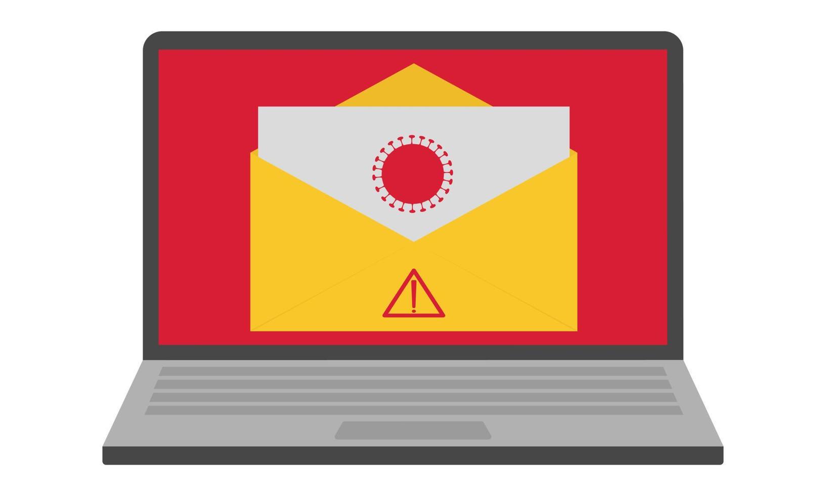 e-mail di phishing. l'e-mail che è arrivata all'e-mail contiene un virus dannoso. l'antivirus nel laptop avverte del pericolo. piatto. illustrazione vettoriale