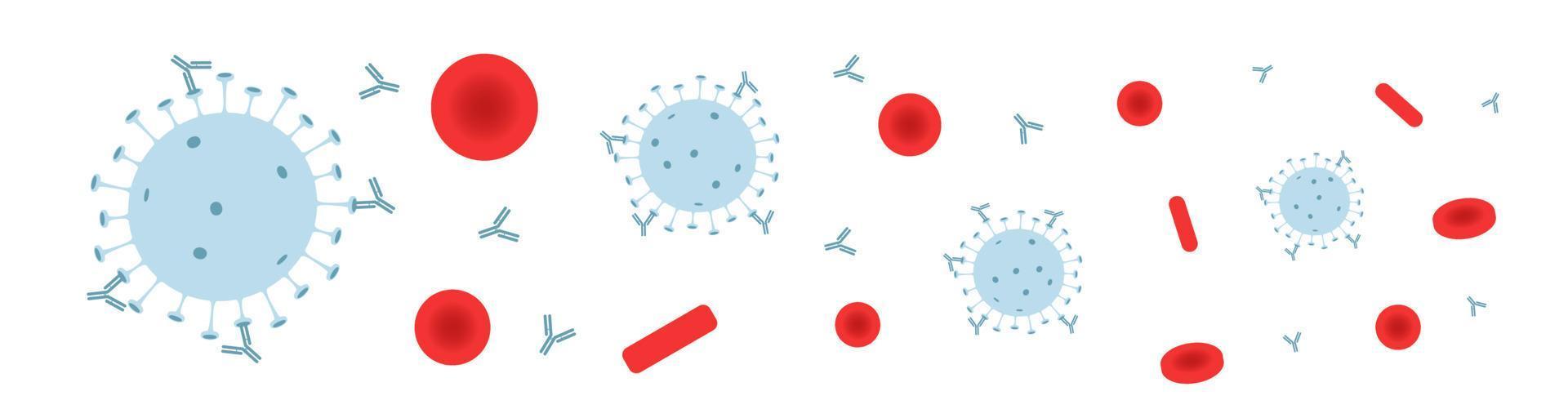 gli anticorpi marcano i virus nel sangue. la reazione del corpo dopo la vaccinazione. concetto. illustrazione vettoriale