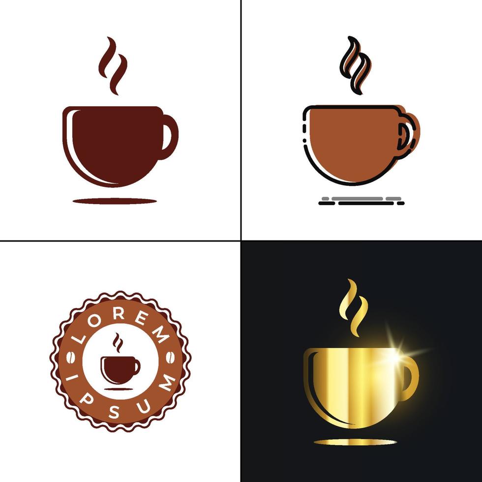 il logo della tazza di caffè è disponibile in quattro stili, semplice, stile mbe, vintage e dorato di lusso. adatto per marchi commerciali come bar o caffetterie. vettore