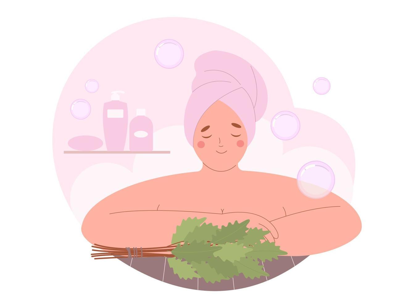 donna che indossa un asciugamano da bagno nella sauna a vapore caldo. relax e benessere nel bagno, nella sauna o nel centro termale vettore