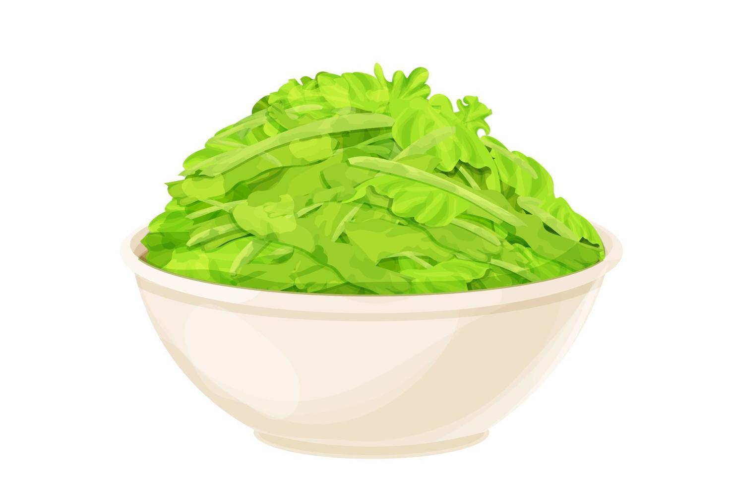 foglie di lattuga tritate in una ciotola in stile cartone animato isolato su sfondo bianco, ingrediente crudo sano, piatto vegetariano. illustrazione vettoriale